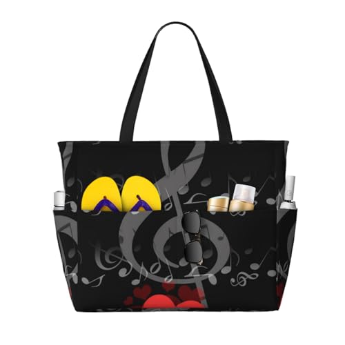 Sac de plage grand format motif cœur de note de musique pour vos journées ensoleillées