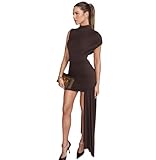 JUMISEE Women’s Elegant Irregular Ruched Mini Dress Flowy Ribbon Bodycon Cocktail Dress Sexy Pleated Formal Dresses Brown