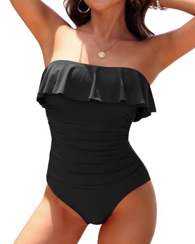 Holipick Strapless One Piece Swimsuits for Women Tummy Control Bandeau Bathing Suits Ruffle Slimming Swimwear2