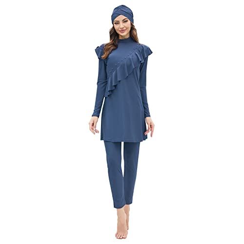 Burkini Swimsuits for Women Modest Muslim Swimsuit Islamic Swimming Suits Swimwear Burkinis Full Cover Hijab Swim Shirt Middle East Arabian Pants Swim Cap 3 Piece Bathing Suits Blue Beads X-Large