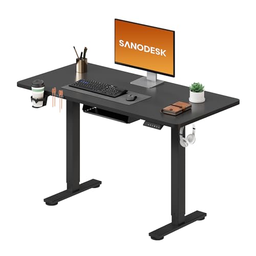 SANODESK Höhenverstellbarer Schreibtisch 110×54 cm – Kompakter Standing Desk mit praktischem Zubehör, ideal für kleine Räume, leise & sicher mit Anti-Kollisions-Schutz(schwarz)