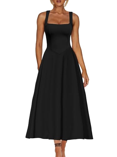 Kaximil Womens Square Neck Sleeveless A Line Maxi Dress Smocked Ruffle Flowy Casual Long Dresses Medium Black