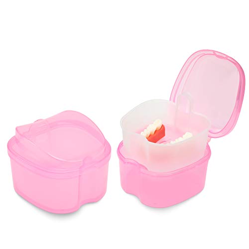 Dental Orthodontic Retainer Container Cleaning Case,Denture Bath Box Case Cup Holder, Mouthguard Storage Soaking Case - Leak Proof With Lid Waterproof - Pink #TOP2