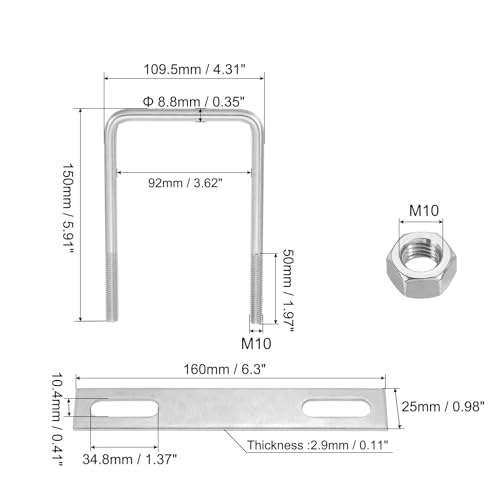 Image of PATIKIL M10x90x150mm Square U-Bolts Kit, 2Set 304 Stainless Steel Square U Shaped Bolts Replacement Parts with Frame Plates and Nuts for Ski Board Sailboat Trailer