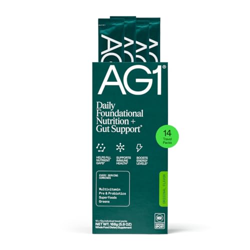 AG1 Athletic Greens Powder Supplement, Improve Gut Health, Multivitamin, Probiotic, Gluten Free, Vegan and Keto Friendly, 75 Vitamins (Travel Packs, 14 Count) - Classic Formula