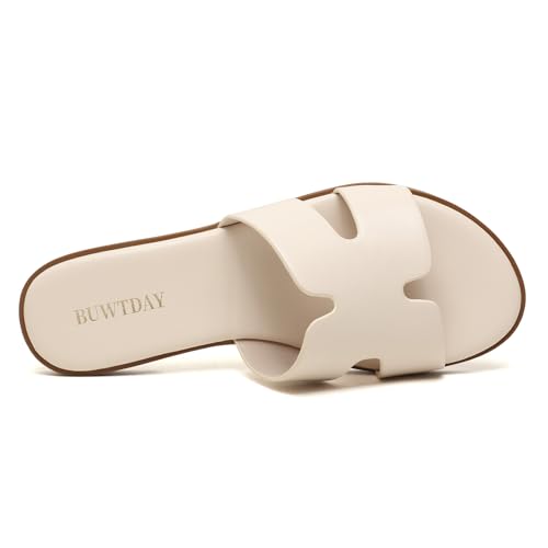 Image of Womens Flat Sandals Dressy Summer Slides Comfortable Casual Open Toe Vacation Sandals Slip On Slides Leather Sandals for Women