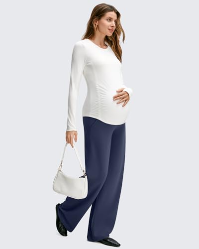 Image of G4Free BareFeel Maternity Pants Over the Belly Pregnancy Trousers for Work | High Waist Coverage,Two Side Pockets,Wide Leg Design,Soft Knit Fabric,for Dress Casual Yoga