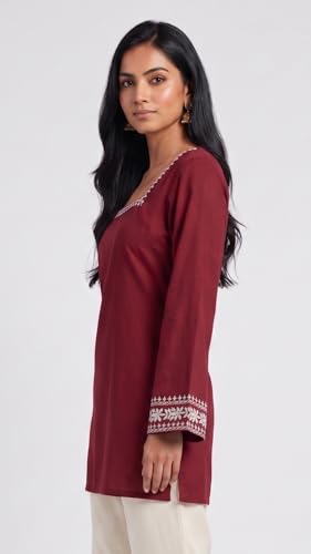 Image of MAHIRA'S Comfort Women's Short Kurti, Rayon Tunic Top with 3 /4 Embroidered Designer Sleeves | Soft Breathable Fabric | Office & Casual Kurti for Jeans, Leggings & Trousers