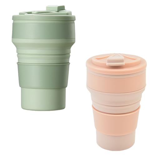 NUWIQ 2 Piezas Vasos Plegables de Silicona, Tazas de Silicona Plegables 500 ML, Taza de Café Plegable, Taza de Viaje Plegable Reutilizable, para Picnic, Camping, Senderismo, Viajes, Verde, Rosa