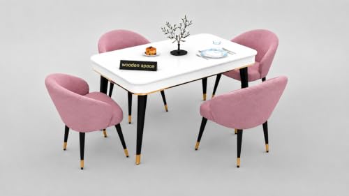 Image of WOODEN SPACE Majestic 4 Seater Wooden Dining Table Set | Urban Marble Top Dining Table with Chairs for Dining Room & Kitchen (Modern Classic Pink) (54 x 36 x 30 inch)