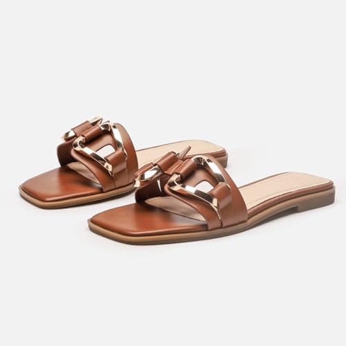 Lossarye Women's Metal Chain Open Square Toe Slide Sandals Summer Casual Comfortable Slip On Flat Sandals Beach Slippers3