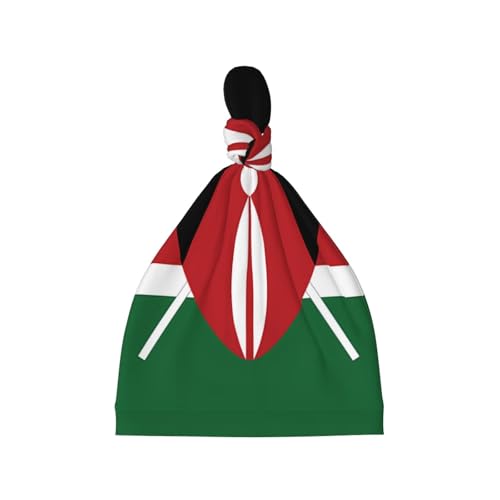Flag of Kenya Print Newborn Baby Hat, Soft Top Knotted Beanie Cap, Cute Infant Headwear for 0-6 Months Welcome Party Black