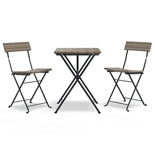 vidaXL Bistro Set 3-TLG., Klappbar Gartenmöbel Set, Essgruppe mit Stahlrahmen, Balkonset Sitzgruppe Garnitur Klapptisch, Grau Poly Rattan