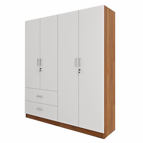 Image of VIKI Wardrobe | Wooden Almirah for 4 Door 2 Drawer with Shelves & 2 Hanging Space Wardrobe (Walnut |White - 40D x 160W x 180.8H) | 1 Year Warranty | Free Assembly