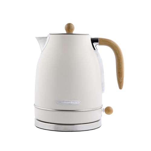Hamilton Beach Electric Kettle, Scandi 1.7L, Jug, Boil Dry Protection, Auto Shut Off, Water Level Window, Stay Cool Handle, Ergonomic Grip, Matte Cream with Wood Effect - HBK17MC