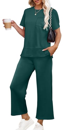 OFEEFAN Women Two Piece Lounge Set Casual Summer 2 PC Airport Outfit Spring Loose Short Sleeve Tracksuit Wide Leg Loungewear Travel Clothing Vacation Clothes Women's Cruise Sweatsuit Green XXL