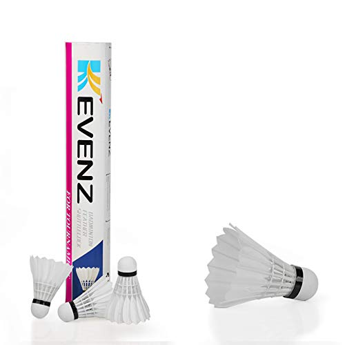 KEVENZ 12 Packs Badminton Shuttlecocks, Goose Feather Birdies with Stability and Durability High Speed Flight, Training Badminton Bird Balls for Indoor Outdoor(White,Brown) (White)
