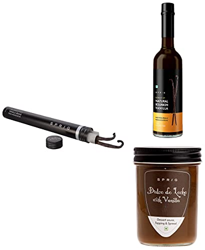 Image of Sprig Best of Vanilla Combo | Dulce Le Leche Sweet Spread | Natural Vanilla Extract for Baking | Highest Grade Madagascar Vanilla Beans for Baking, Seasoning or Garnishing | Pack of 3