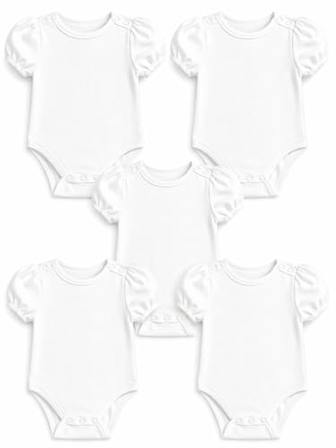Image of TuddyBuddy 100% Cotton Plain White Short Sleeves Rompers /Bodysuits for Baby Girl (Pack of 5, Solid White Frill Sleeves, 0-3 Months)