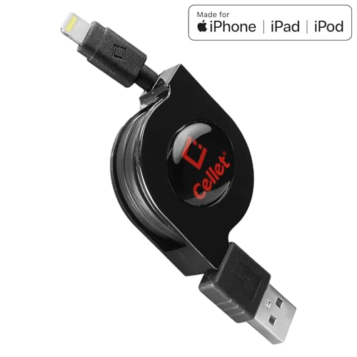 Image of Charging and Data Sync Cable for iPhone 7, 7 Plus and Other Lightning Devices - Lightning 8 Pin to USB - Retractable - Apple Certified - by Cellet - Black