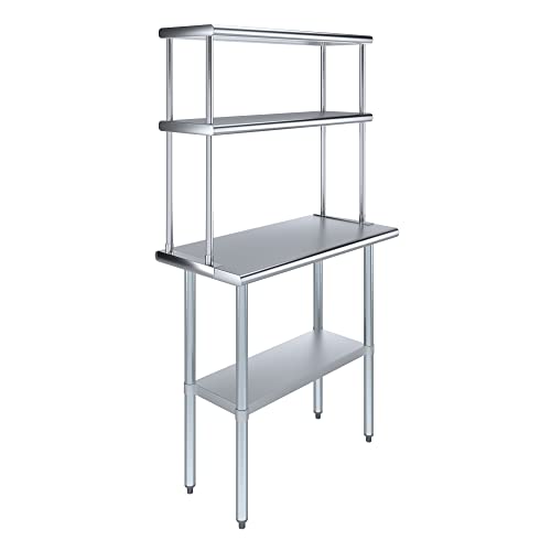 Image of AmGood Stainless Steel Work Table with 12 inch Wide Double Tier Overshelf | Metal Kitchen Prep Table & Shelving Combo | NSF (Stainless Steel Table with Double Overshelves, 36 inch Long x 18 inch Deep)