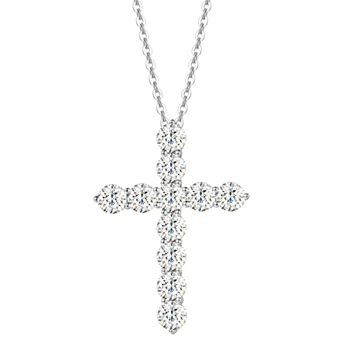 FANCIME 0.5CT/ 1CT/ 2CT Carat White Moissanite Gemstone with 14K Solid White Gold 3 Prong Setting Cross Pendant Necklace Fine Delicate Jewelry Anniversary Christmas Gifts for Women Girls