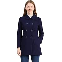 Allegra K Women's Peter Pan Collar Double Breasted Winter Long Trench Pea Coat Navy Blue M