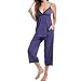 Womens Pajama Set Sleeveless Cami Top and Capri Pants with Lace Hem Sleepwear Soft Pjs Set Solid Color Pajamas Blue S