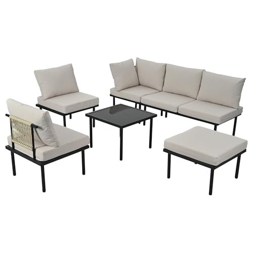 6 Pieces Garden Furniture Sets Corner Sofa, Patio Furniture Sets Garden Lounge Set with Coffee Table&Stool, Seating Group with Cushions, Outdoor Terrace Patio Backyard Furniture, Galvanized Iron,Beige - Image 9