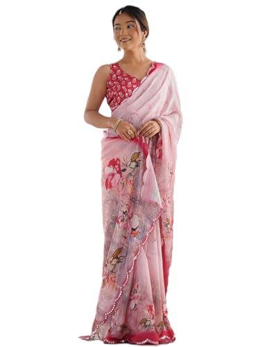 Image of Panzora Women's Chinon Printed Saree With Unstitched Blouse Piece