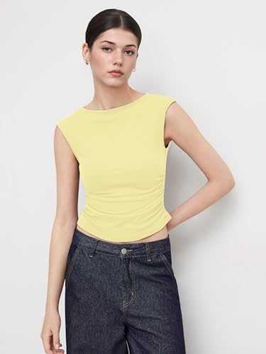 Image of CIDER Boat Neck Tops for Women Sleeveless Ruched Crop Tank Tops | Slim Fit, Trendy Summer Outfits, Casual Tee Shirt
