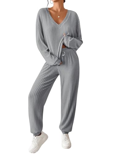 MakeMeChic Women's Casual 2 Piece Outfits Ribbed Long Sleeve V Neck Tee Shirt Top and Jogger Pants Set Light Grey XS