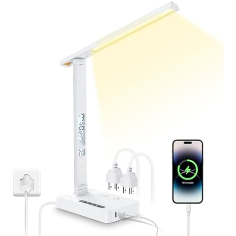 Power Strip with LED Desk Lamp: 2 Outlets 1 USB-A Ports 1 Type-C Ports 5 Modes & Color, Desk Lamp for Home Office Bedroom Bedside, Study Reading Light, Dorm Room Essentials (White) Cover