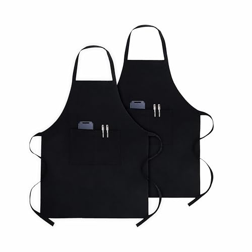 PurpleEssences Cotton Adjustable Kitchen Aprons 2 Pockets, 27x32 in - Black