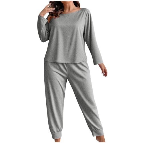 HAOLEI Pijama Mujer Invierno Largo Talla Grande Conjunto de Pijama para Mujer Dos Piezas Cuello Redondo Camiseta Manga Larga y Pantalones Comodo Pjs Otoño Ropa de Dormir Suave Ocio Loungewear XL-5XL