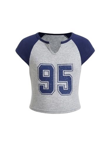 Girl's Number Jersey Notched V Neck T Shirt Color Block Short Sleeve Graphic Tee Slim Fit Crop Tops