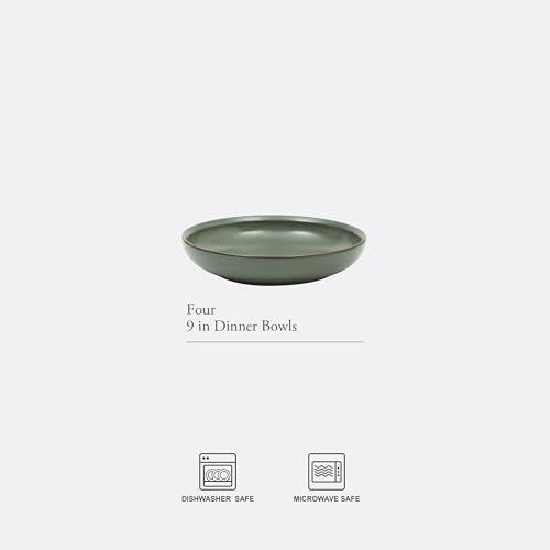 Image of Gibson Elite Beckett 4-Piece 9 Inch Dinner Plate Bowl Set - Reactive Glaze Stoneware - Shallow Serving Pasta Bowls (Blate) - Wide-Rim Round Shape - Microwave & Dishwasher Safe - Green