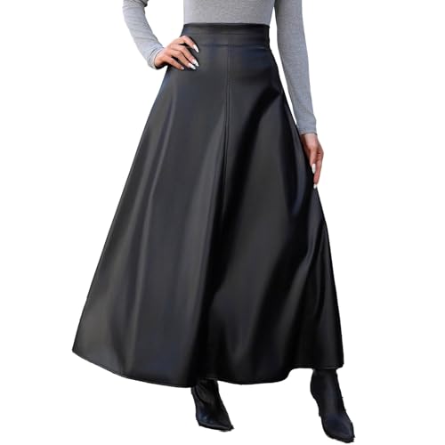 Jupe midi en cuir synthétique plissée de couleur unie pour femme