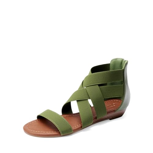 DREAM PAIRS Women's Elastic Ankle Strap Sandals Gladiator Strappy Low Wedges Sandals 5.5 Army/Green