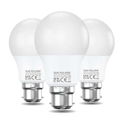 SUN POLARIS LED Bulb Bayonet Cap B22, 2700K Warm White, 60W Equivalent, 8.5W 806 Lumens Light Bulbs, Standard Energy Saving, Non-Dimmable, High CRI, A60, GLS, Super Bright, Round Globe Lamp, Pack Of 3