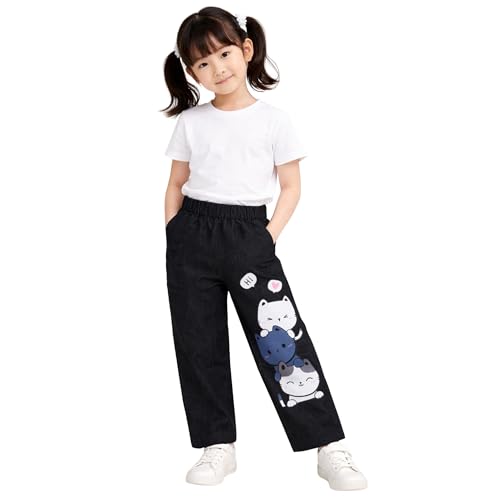 Image of superminis Girls Denim Jeans | Stretchable Blue Cat Print Jeans for Girls 3-10 Years | Soft Comfortable Kids Denim Pants for Casual
