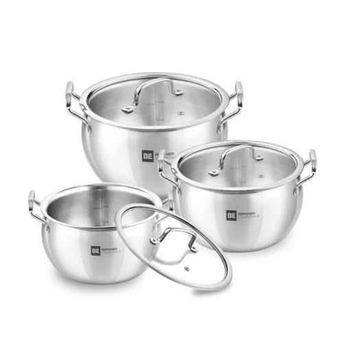 Bergner BE Essentials TriPly Stainless Steel 3 Pcs Rice Handi Set - 16cm / 2L, 18cm / 3.2L, 20cm / 4.2L with 3 Flat Glass Lids, Less Oil Use, Even Heat Distribution - Induction Bottom, Gas Stove Ready