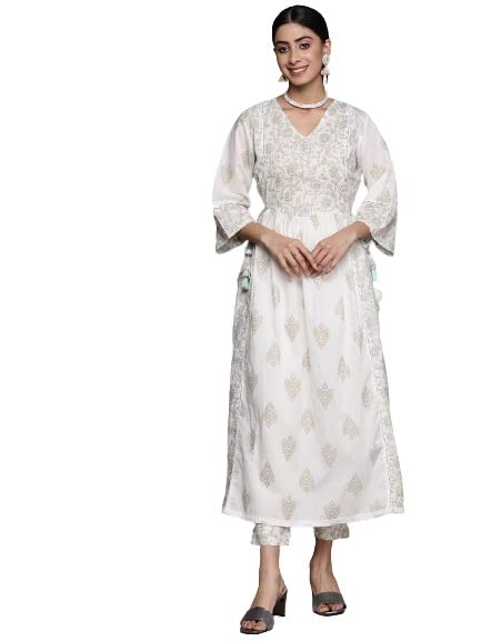 Image of anubhutee Women's Cotton White Floral Printed A-Line Kurta Suit Set With Pants