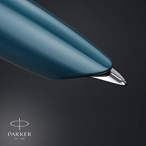 Image of Parker 51 Fountain Pen Teal Blue Barrel with Chrome Trim Fine Nib with Black Ink Cartridge Gift Box