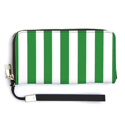 zxxpensy Vertical Green And White Stripes Pattern PU Leather Clutch