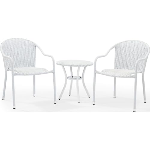 Image of Patio Furniture Set, 3 Pieces Porch Backyard Garden Outdoor Furniture Rattan Chairs and Table Wicker Conversation Set (White Color) 60 x 56 x 74 Cm