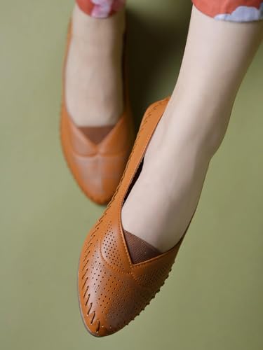Image of Duosoft Comfort Walk Women's Perforated Leather Flats, Tan, Hand-Stitched, Breathable & Lightweight, Cushioned Insole, Flexible Sole