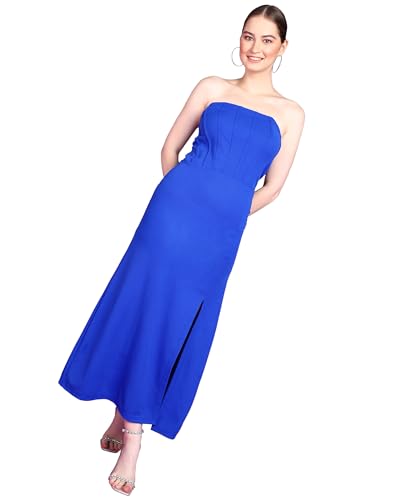 Image of POPWINGS Casual Solid Sleeveless Slit Long Corset Dress for Women || Stylish Western Summer Dresses for Women || Sleeveless Trendy Off-Shoulder Women Dresses for Parties