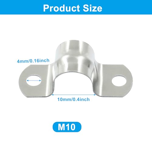 Image of 25 Pack 3 /8 Inch M10 Rigid Pipe Strap, 10mm | Stainless Steel, Two Hole Cable Strap, U Bracket Conduit Clamp, For Fixing Tube, Cable, Pipe, Silver