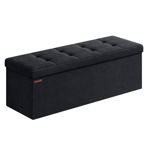SONGMICS Ławka Do Przechowywania, Składana Pufa, 38 x 110 x 38 cm, Zagłówek Do Łóżka, Podnóżek, Skrzynia, Obciążenie 300 kg, Do Salonu, Sypialni, Wejścia, Tusz Czarny LSF277B01
